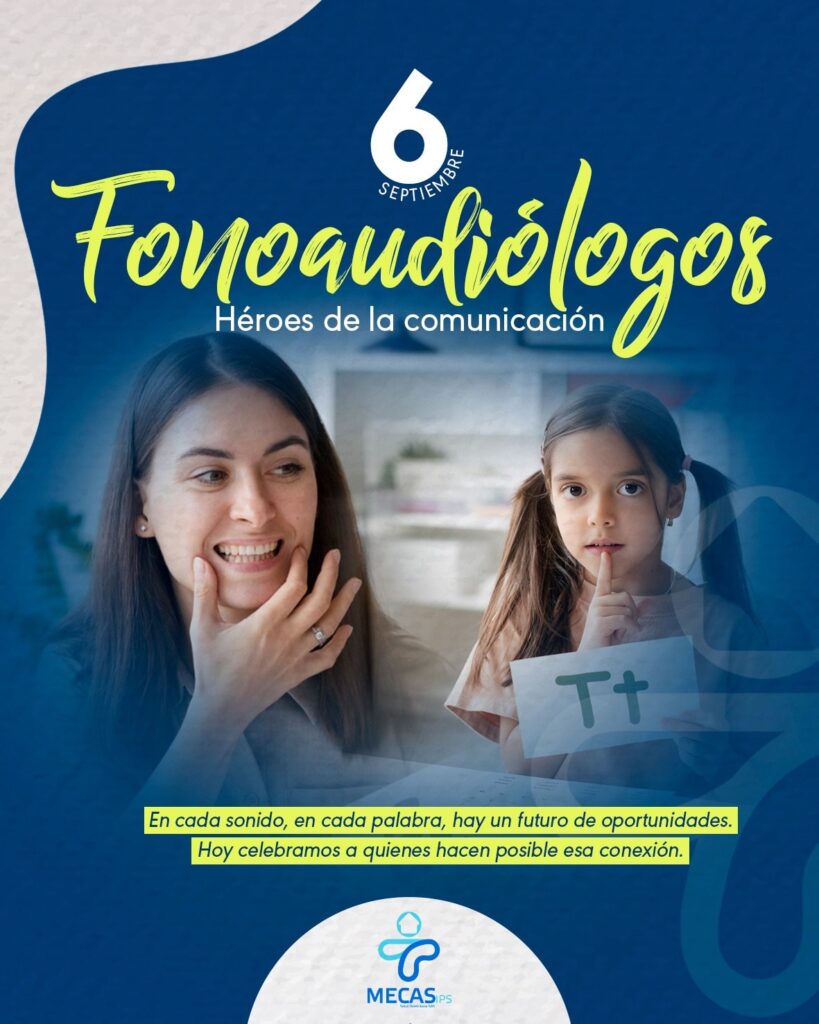 Ilustración del Día del Fonoaudiólogo, 6 de septiembre. Se muestra a una fonoaudióloga sonriendo y a una niña haciendo el gesto de silencio con el dedo. La niña sostiene una tarjeta con la letra "T".