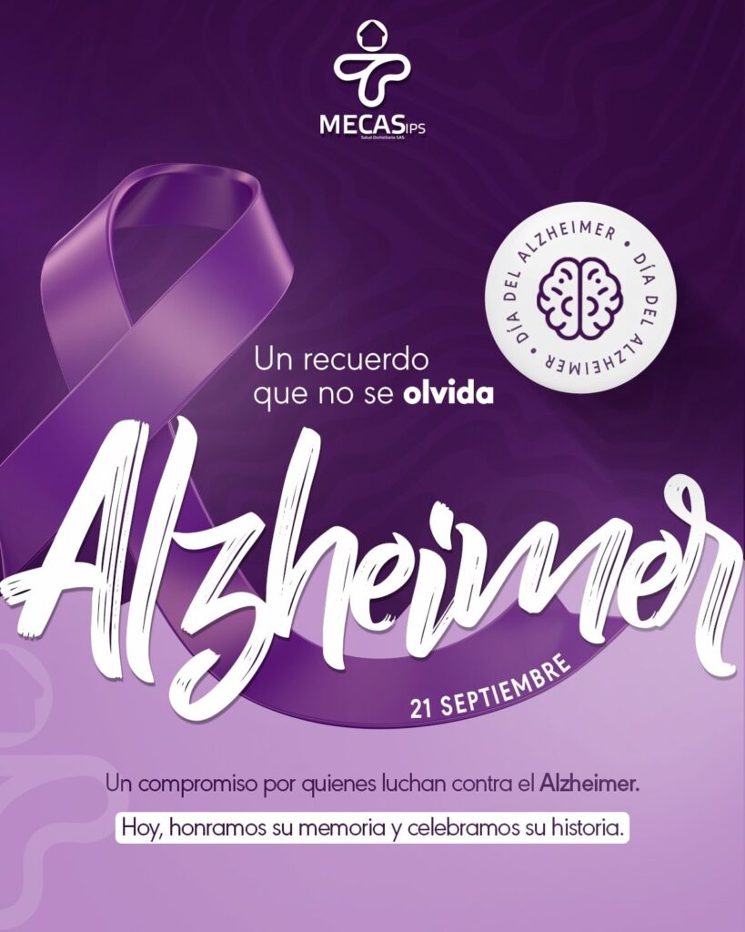 Ilustración para el Día Mundial del Alzheimer, 21 de septiembre. Se muestra un lazo morado y un cerebro. El texto dice: "Un recuerdo que no se olvida. Alzheimer. Un compromiso por quienes luchan contra el Alzheimer. Hoy, honramos su memoria y celebramos su historia."